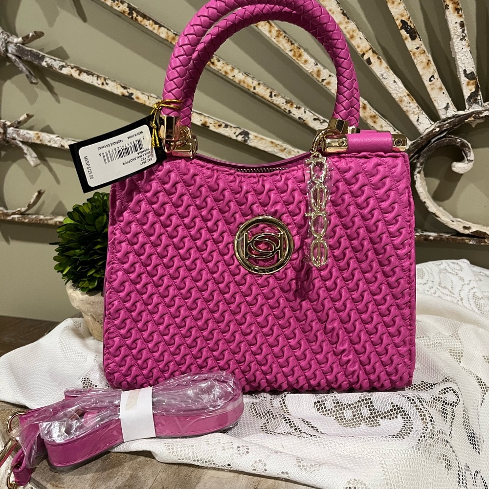 bebe Hot Pink Woven Satchel with Gold Accents